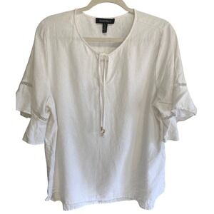 Ellen Tracy Large White Linen Ruffle Sleeve Blouse Flowy Fairy Lagenlook Peasant